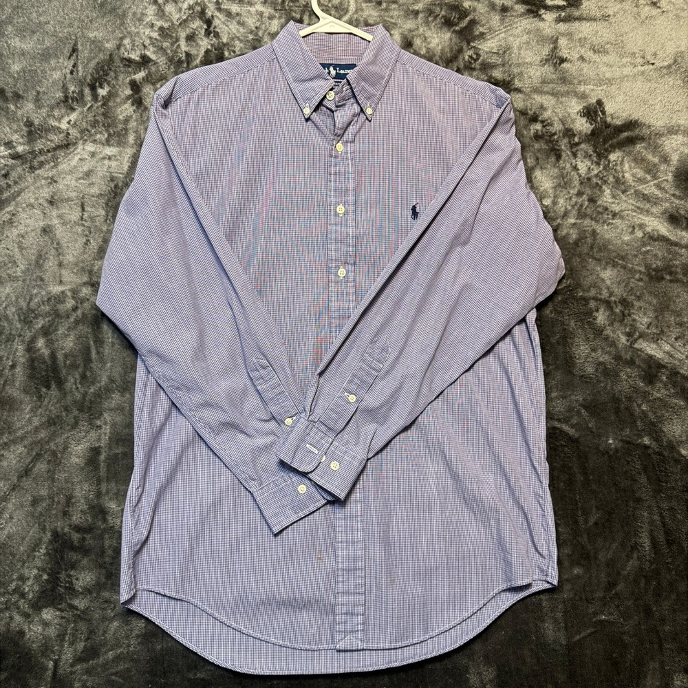Mens‎ Blue White Micro Check Long Sleeve Button Down Shirt XL